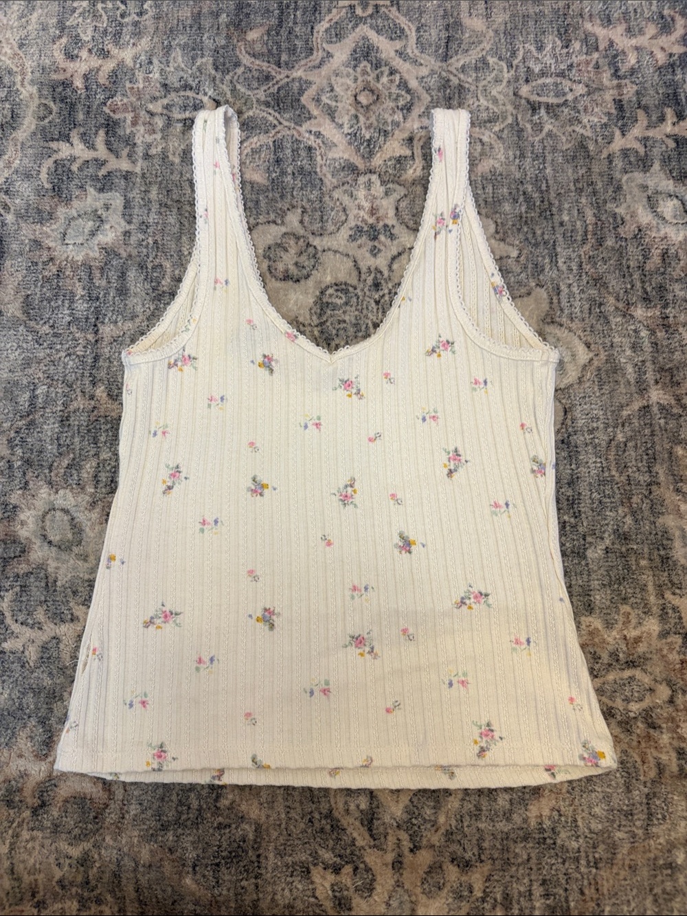 Universal Thread Cream Ribbed Floral Tank Top with Pink and Yellow Accents